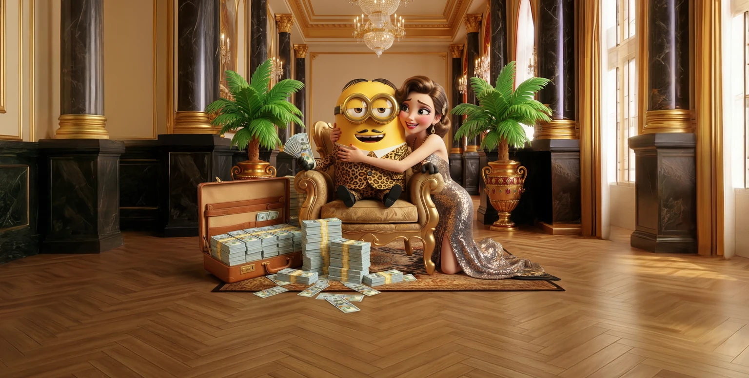 Bananzia-mascotte in een luxe casinozaal met gouden troon, stapels geld en palmen